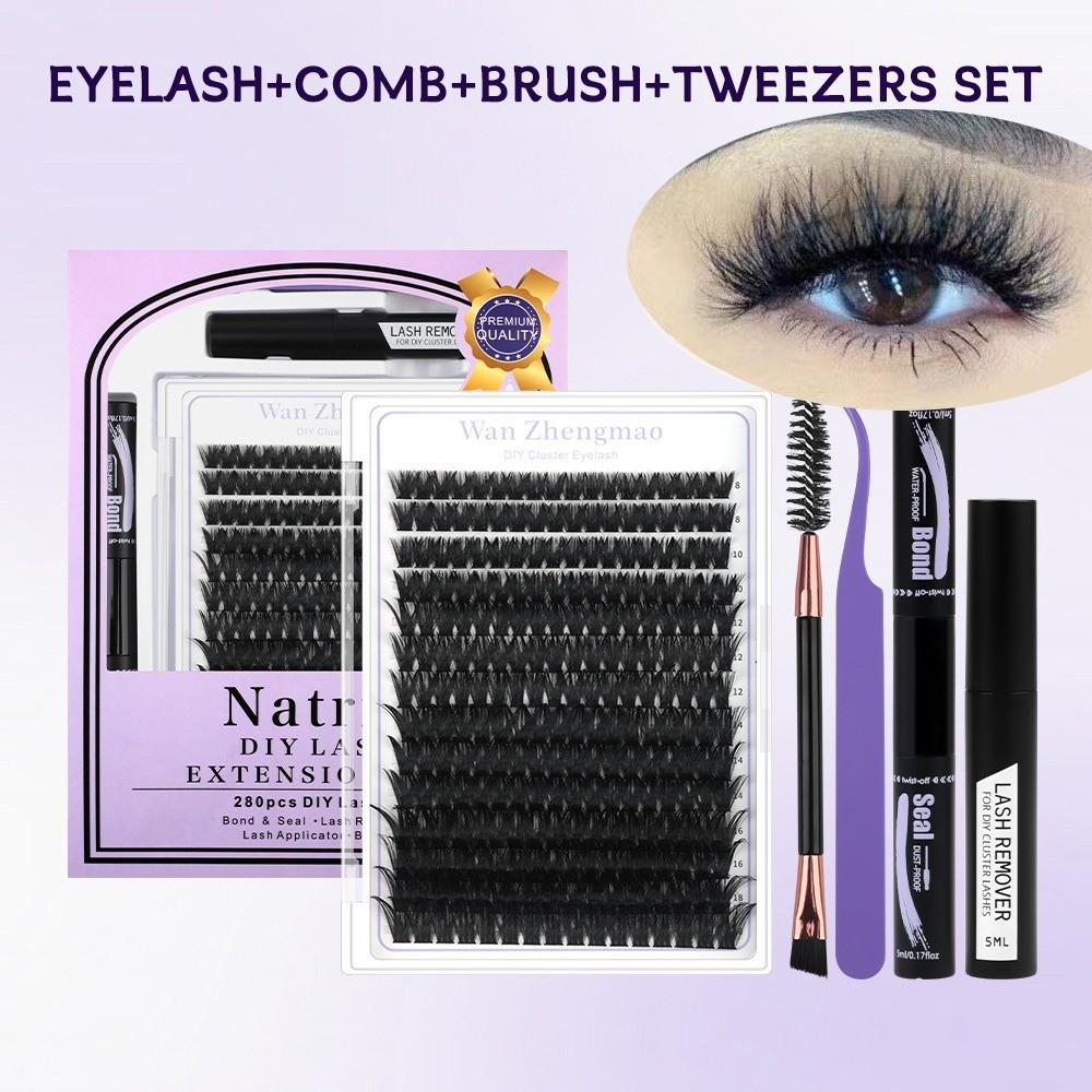 Eyelash Extension Natural Look - 8-18mmの長さのつけまつげ、接着剤とシーラー付き、自然な見た目DIYまつげエクステキット、ウィスピー風クラスターデザイン、アイメイクツール